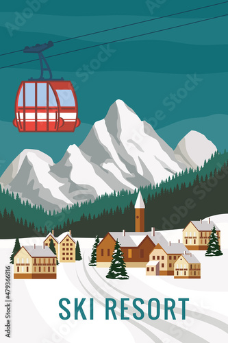 Mountain vintage winter resort village Alps, Switzerland. Snow landscape peaks, slopes. Travel retro poster, vector illustration