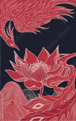 abstract illustration of mythological bird phoenix Fenghuang and lotus, red, black and gold