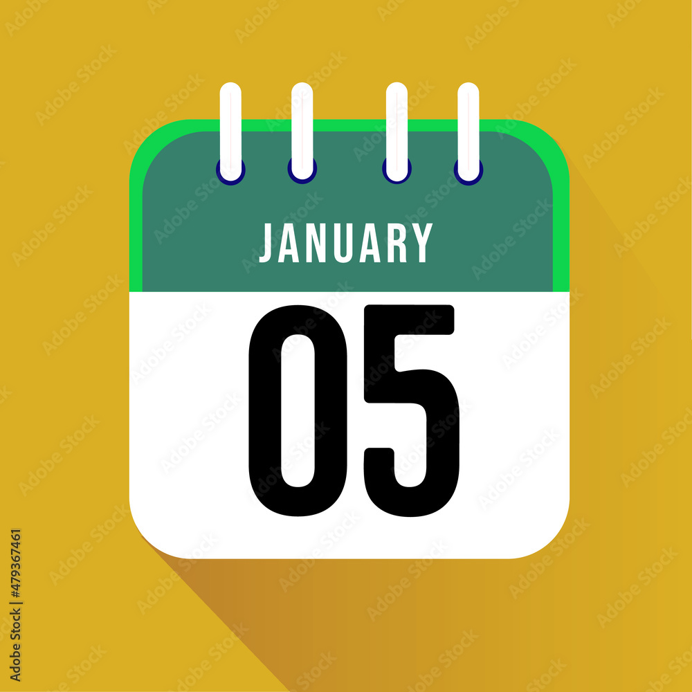 January day 5. Number five on a white paper with green border on a yellow background calendar sheet. Vector illustration. January day 5. Number five on a white paper with green border on a yellow background calendar sheet. Vector illustration.