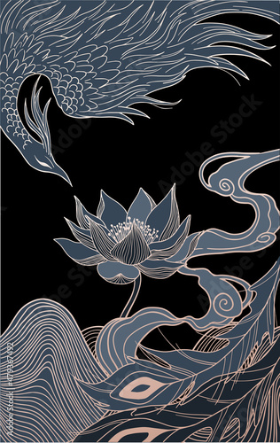 abstract illustration of mythological bird phoenix Fenghuang and lotus, black and gold