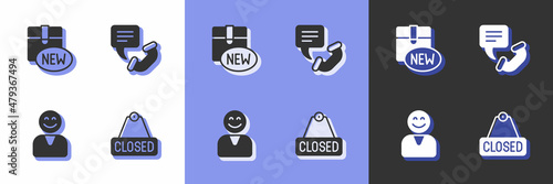 Set Hanging sign with text Closed, New collection, Happy customer and Telephone 24 hours support icon. Vector