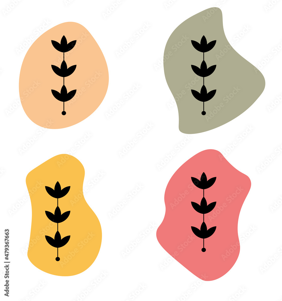 Set of abstract plants.Silhouette.Collection hand drawn, botanical and healing isolated plants.Herbs design template.Twigs and leaves with abstract colorful forms