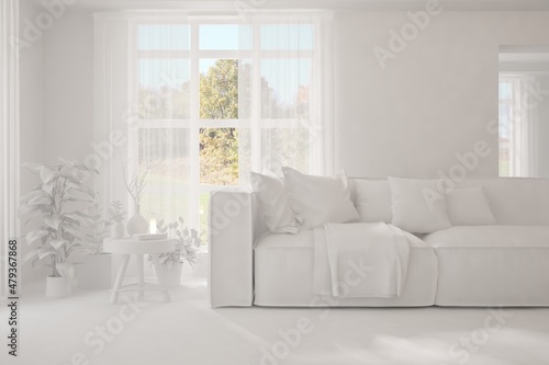 White minimalist living room with sofa. Scandinavian interior design. 3D illustration