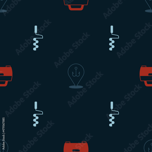 Set Case or box for fishing equipment, Fishing hook and Hand ice drill on seamless pattern. Vector