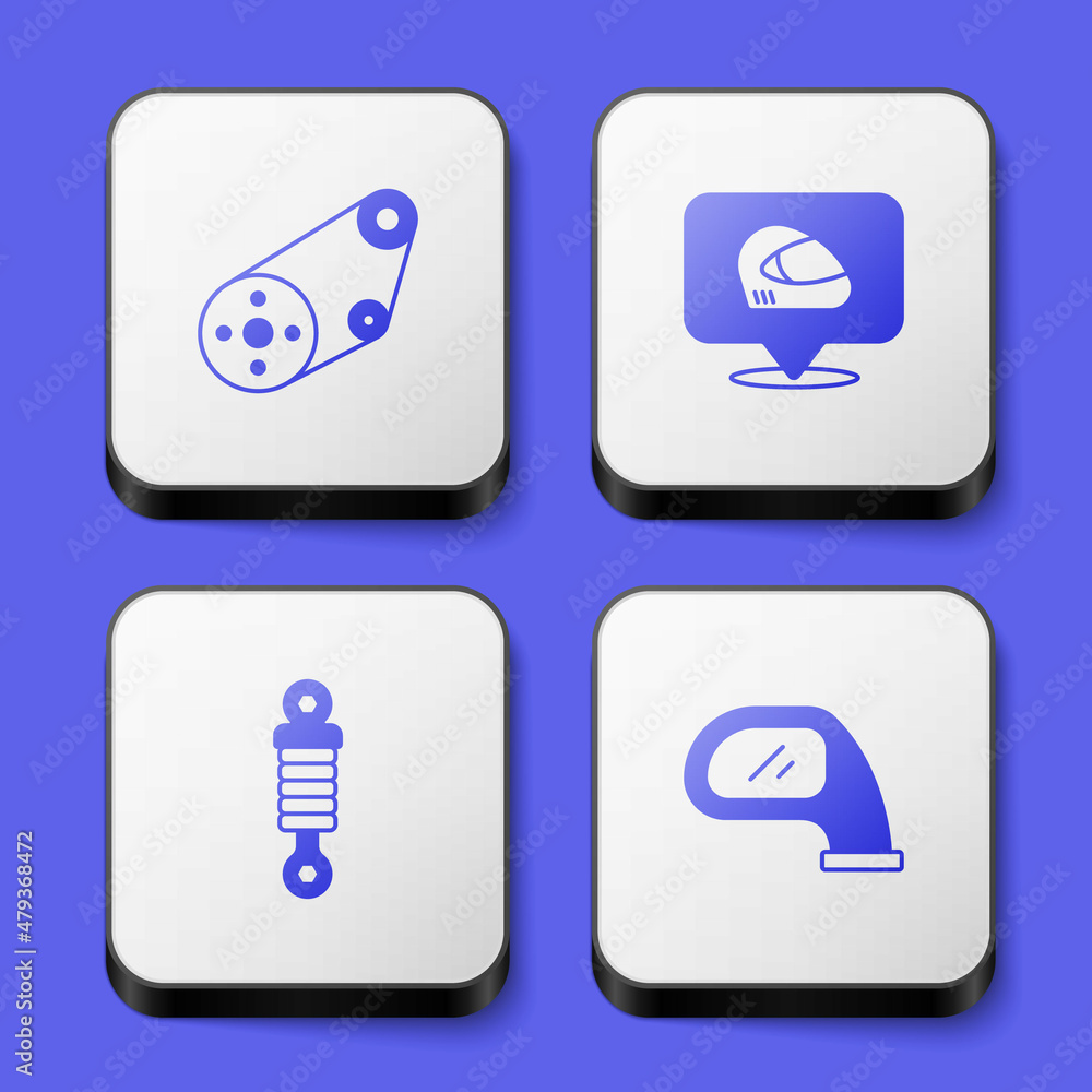 Set Timing belt kit, Racing helmet, Shock absorber and Car mirror icon. White square button. Vector Set Timing belt kit, Racing helmet, Shock absorber and Car mirror icon. White square button. Vector