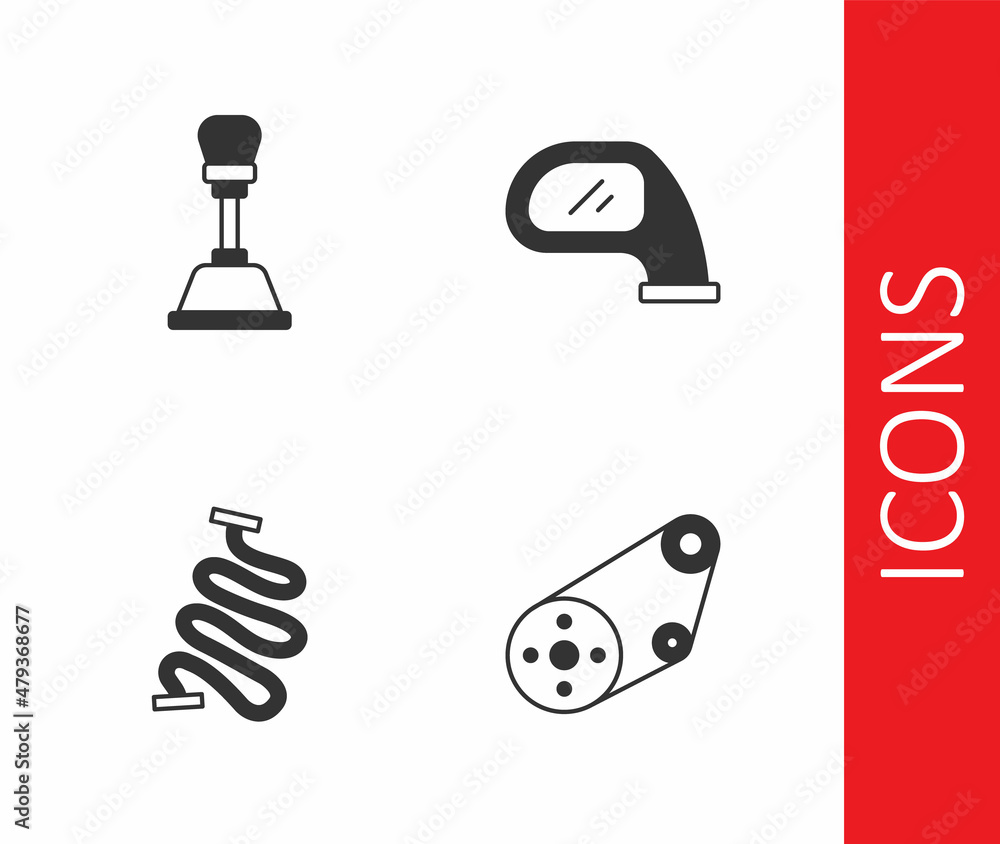 Set Timing belt kit, Gear shifter, Racing track and Car mirror icon. Vector Set Timing belt kit, Gear shifter, Racing track and Car mirror icon. Vector