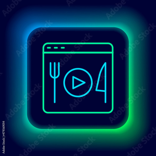 Glowing neon line Cooking live streaming icon isolated on black background. Colorful outline concept. Vector