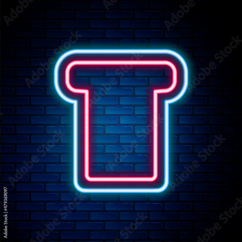 Glowing neon line Bread toast for sandwich piece of roasted crouton icon isolated on brick wall background. Lunch, dinner, breakfast snack. Colorful outline concept. Vector