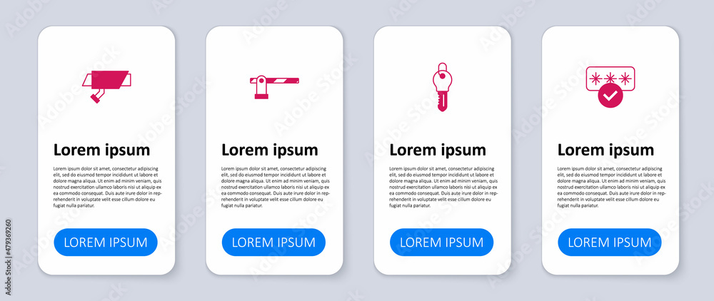 Set Password protection, Key, Parking car barrier and Security camera. Business infographic template. Vector Set Password protection, Key, Parking car barrier and Security camera. Business infographic template. Vector