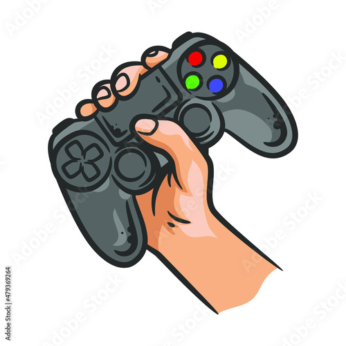 Hand holding gaming controller joystick