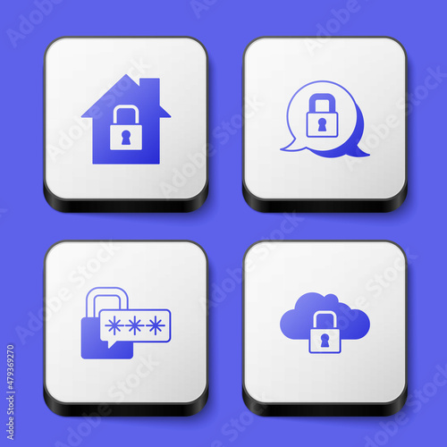 Set House under protection, Lock, Cyber security and Cloud computing lock icon. White square button. Vector