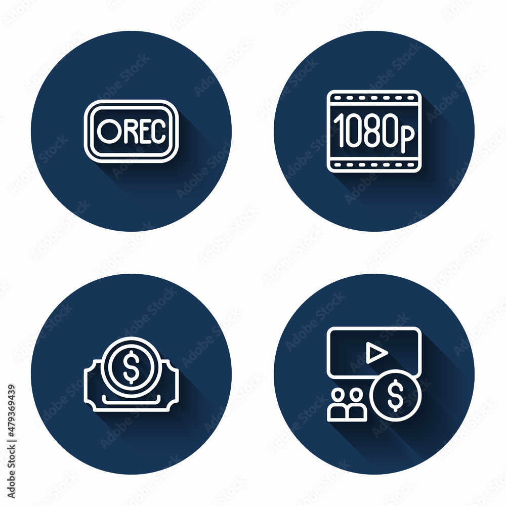 Set line Record button, Full HD 1080p, Cinema ticket and auditorium with screen with long shadow. Blue circle button. Vector Set line Record button, Full HD 1080p, Cinema ticket and auditorium with screen with long shadow. Blue circle button. Vector