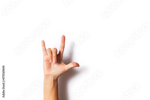 "I love you" in sign language with hands in white background with shadow