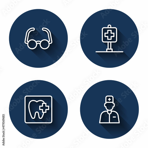 Set line Glasses, Location hospital, Dental clinic location and Male doctor with long shadow. Blue circle button. Vector