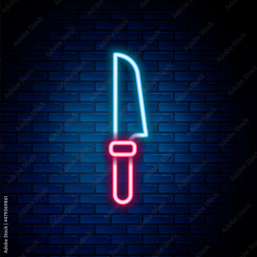 Glowing neon line Knife icon isolated on brick wall background. Cutlery symbol. Colorful outline concept. Vector Glowing neon line Knife icon isolated on brick wall background. Cutlery symbol. Colorful outline concept. Vector