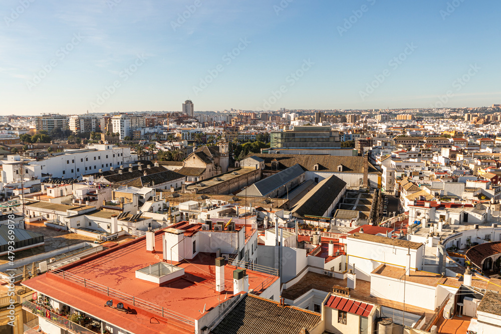 Sevilla, Spain. Aerial view of the city of Seville from the rooftop of the Cathedral
