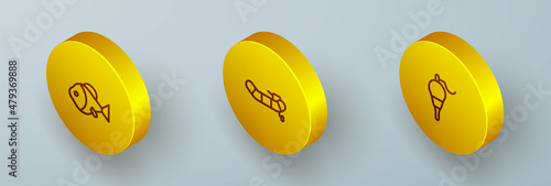 Set Isometric line Fish, Inflatable boat with motor and Fishing float icon. Vector