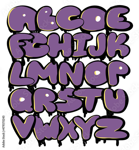 Set of letters of the alphabet, urban graffiti printing house, a street flat style. Lilac letters in the form of a bubble with streaks of paint. Vector on a white isolated background.