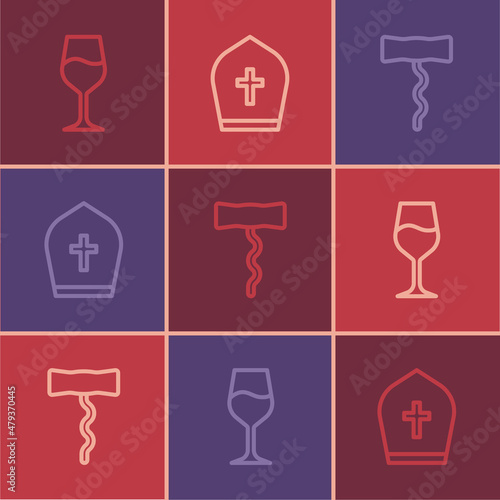 Set line Wine glass, corkscrew and Pope hat icon. Vector