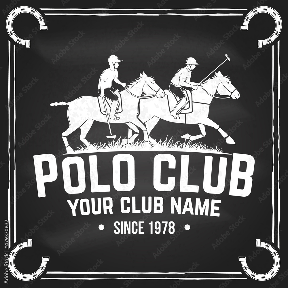 Polo club sport badge, patch, emblem, logo. Vector illustration. Vintage monochrome polo label with rider and horse silhouettes. Polo club competition riding sport. Concept for shirt or logo, print