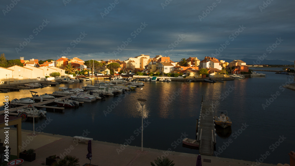 Le Barcares Nautides Marina in France with View on the Canigou Mountain Chain at Sunset