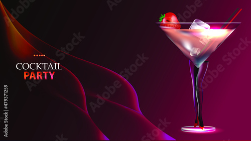 cocktail party poster. Cocktail glass with cherries and strawberries on a dark background with highlights.
