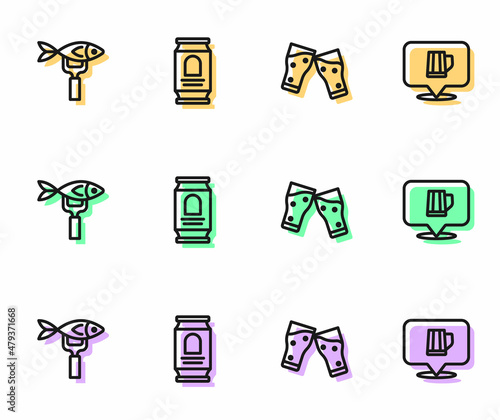 Set line Glass of beer, Dried fish, Beer can and Wooden mug icon. Vector