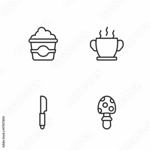 Set line Fly agaric mushroom, Knife, Popcorn in cardboard box and Bowl of hot soup icon. Vector
