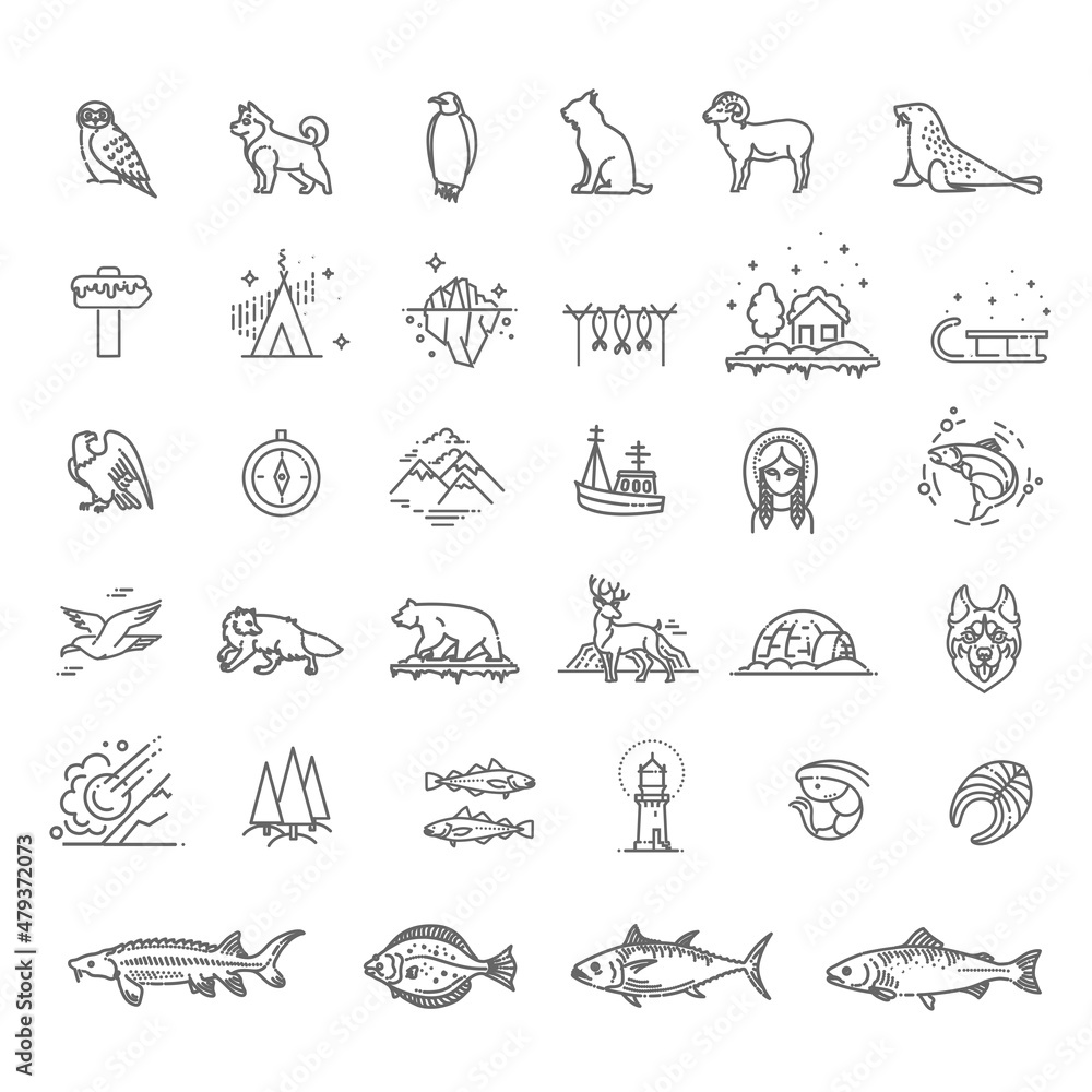 Fototapeta Arctic North Pole Winter Minimalistic Flat Line Stroke Icon Pictogram Illustration Set Collection