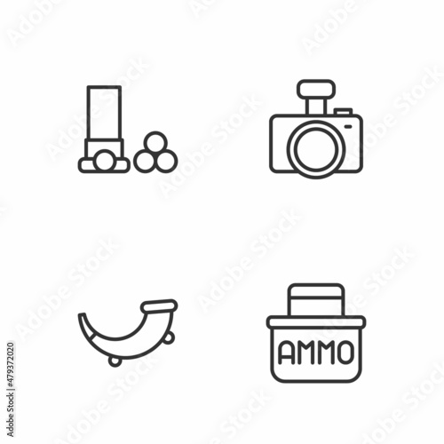 Set line Ammunition box, Hunting horn, Cartridges and Photo camera icon. Vector