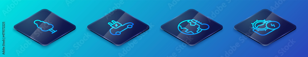 Set Isometric line Earth melting to global warming, Tree, Water mill and Electric car icon. Vector Set Isometric line Earth melting to global warming, Tree, Water mill and Electric car icon. Vector