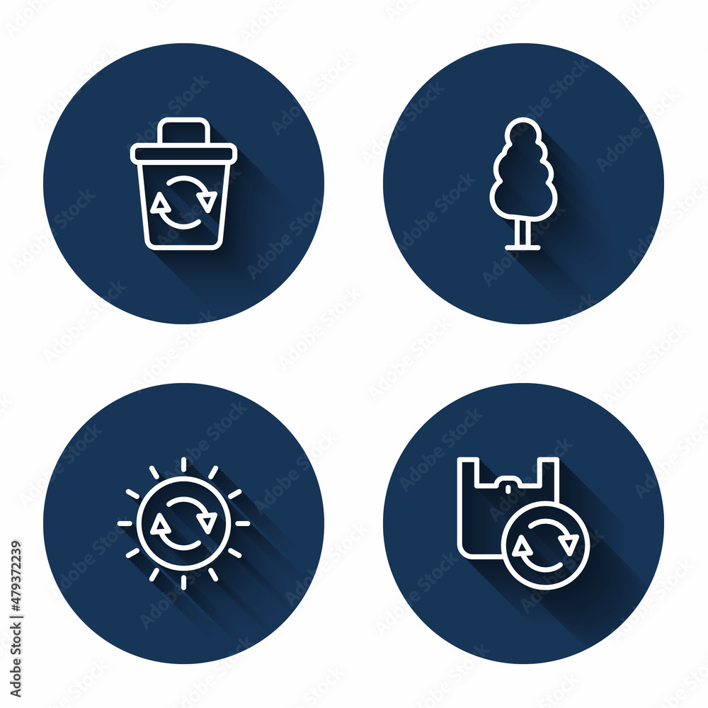 Set line Recycle bin, Tree, Solar energy panel and Shopping bag with recycle with long shadow. Blue circle button. Vector Set line Recycle bin, Tree, Solar energy panel and Shopping bag with recycle with long shadow. Blue circle button. Vector