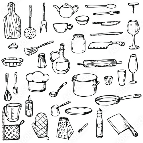 Kitchen tools. Vector illustrations. Isolated objects on a white background. Doodle style.