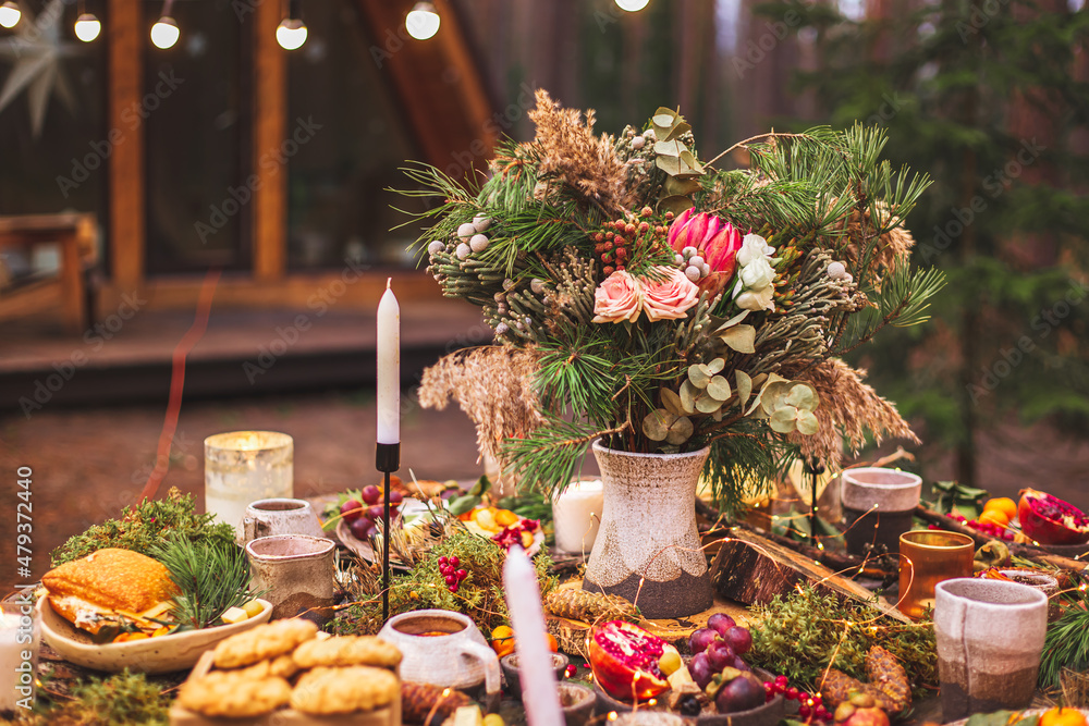 Table setting for a wedding ceremony in an eco style in the forest. Table setting for a wedding ceremony in an eco style in the forest.