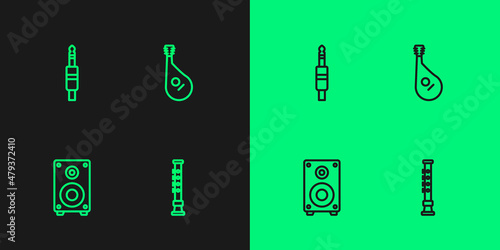 Set line Flute, Stereo speaker, Audio jack and Bandura icon. Vector