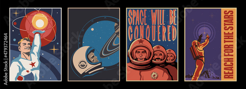 Photo Space Propaganda Poster Set, Retro Futurism Illustrations Style, Cosmonauts and