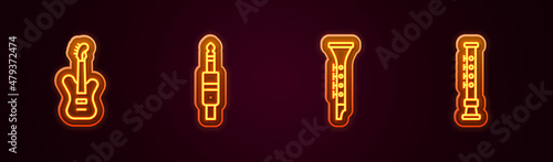 Set line Electric bass guitar, Audio jack, Clarinet and Flute. Glowing neon icon. Vector