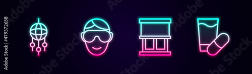 Set line Dream catcher with feathers, Eye sleep mask, Window curtains and Sleeping pill. Glowing neon icon. Vector