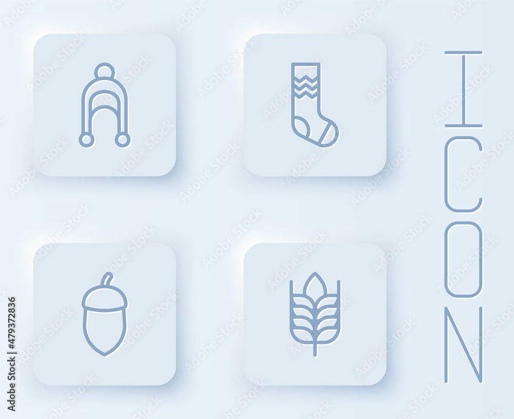 Set line Winter hat, Socks, Acorn and Wheat. White square button. Vector Set line Winter hat, Socks, Acorn and Wheat. White square button. Vector