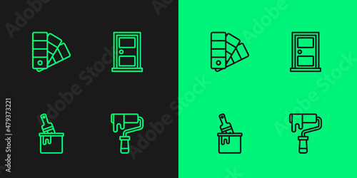 Set line Paint roller brush, bucket with, Color palette guide and Closed door icon. Vector