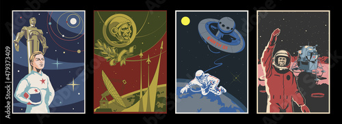 Space Propaganda Poster Set, Retro Futurism Space Illustrations Style, Cosmonauts and Astronauts, Space Rockets and Orbital Station