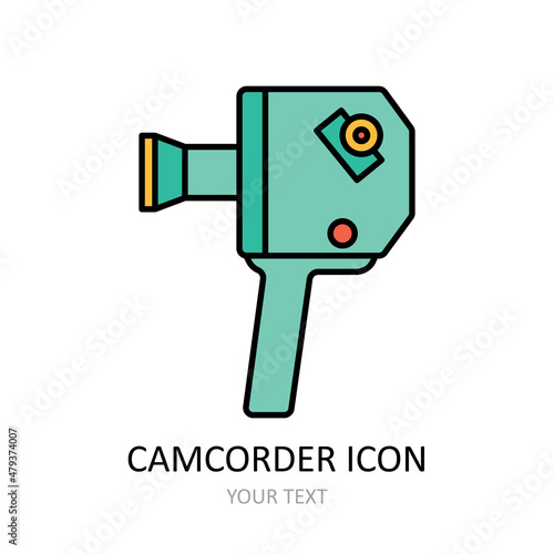 Vector illustration with retro videocamera icon. Outline drawing.
