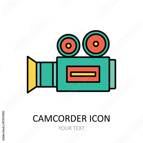 Vector illustration with retro videocamera icon. Outline drawing.