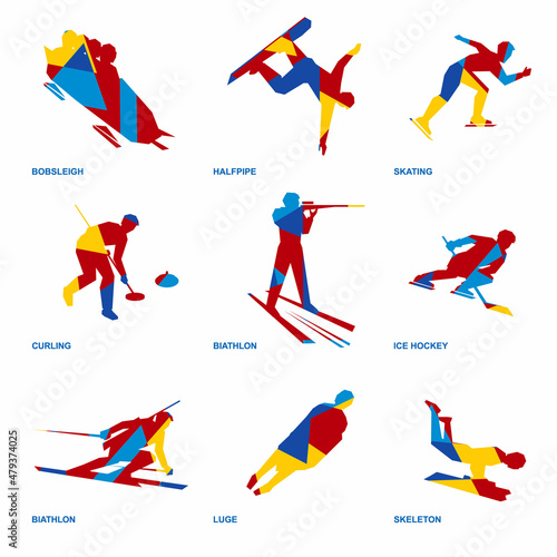 Winter sports icon set - bobsleigh, skating, ice hockey, snowboard, curling, bia Fototapeta