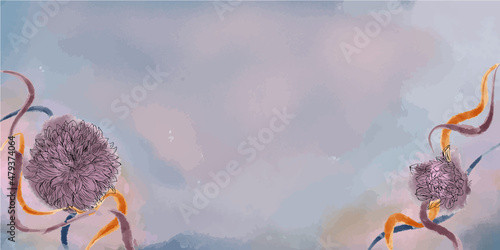 Fondo banner de motivos florales de acuarela en tonos morados, rosas, azules y un toque de dorado, con espacio para texto e imágenes