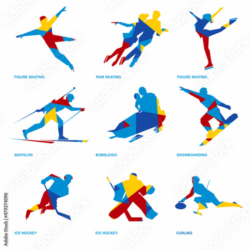 Fotografia Winter sports icon set - pair and single skating, bobsleigh, ski, ice hockey, sn