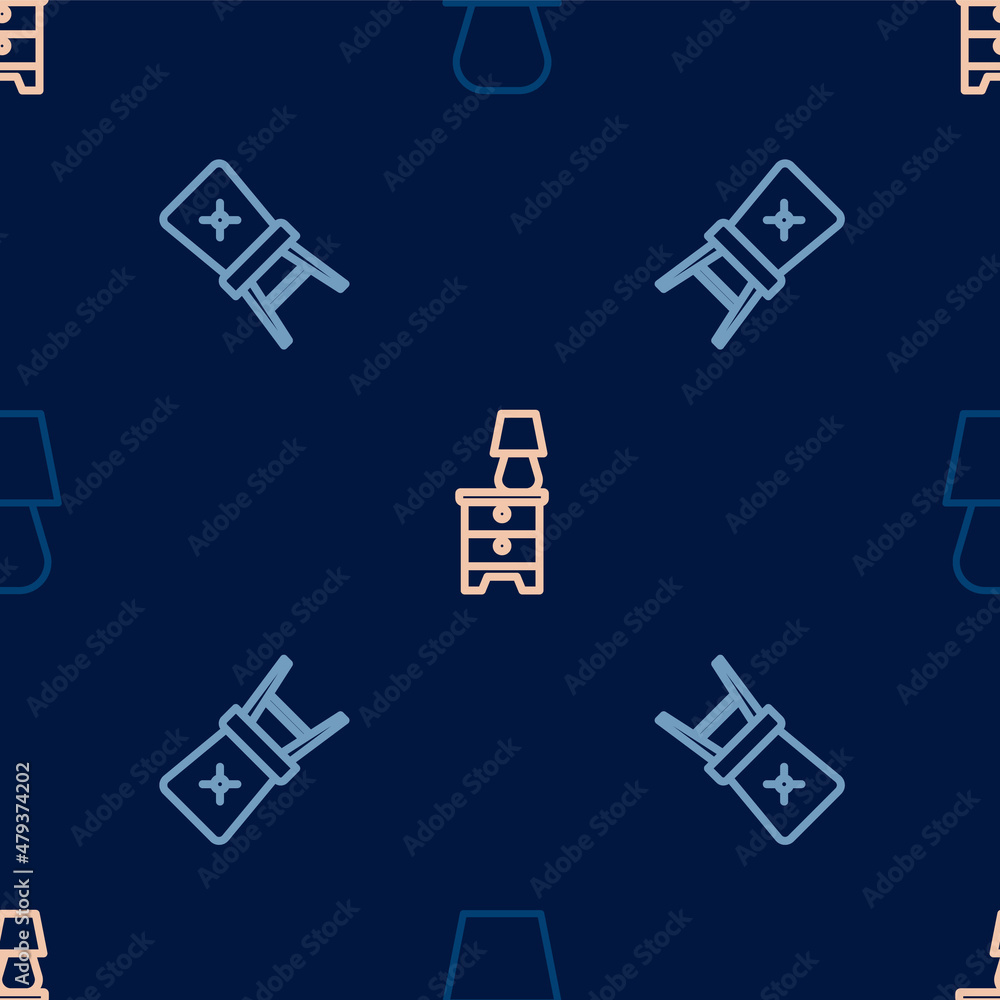 Set line Table lamp, Chair and Furniture nightstand with on seamless pattern. Vector