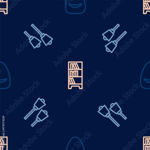 Set line Pouf  Lamp hanging and Library bookshelf on seamless pattern. Vector