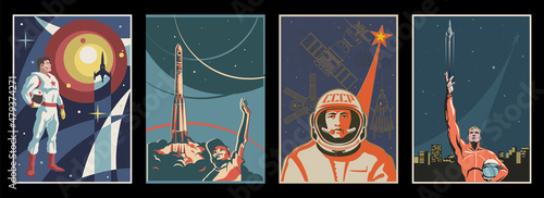 Space Propaganda Poster Set, Retro Future Science and Space Illustration Style, Cosmonauts and Astronauts, Space Rockets and Satellites
