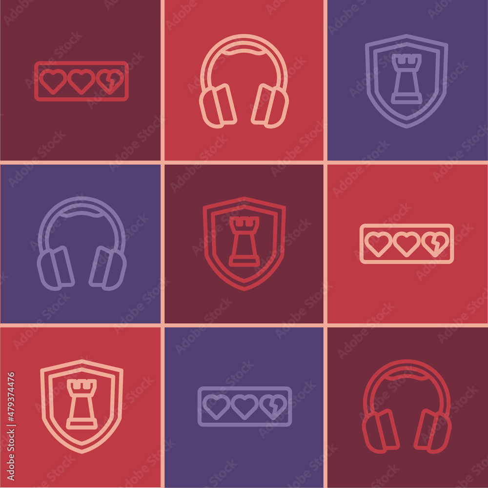 Set line Game life bar, Chess shield and Headphones icon. Vector Set line Game life bar, Chess shield and Headphones icon. Vector